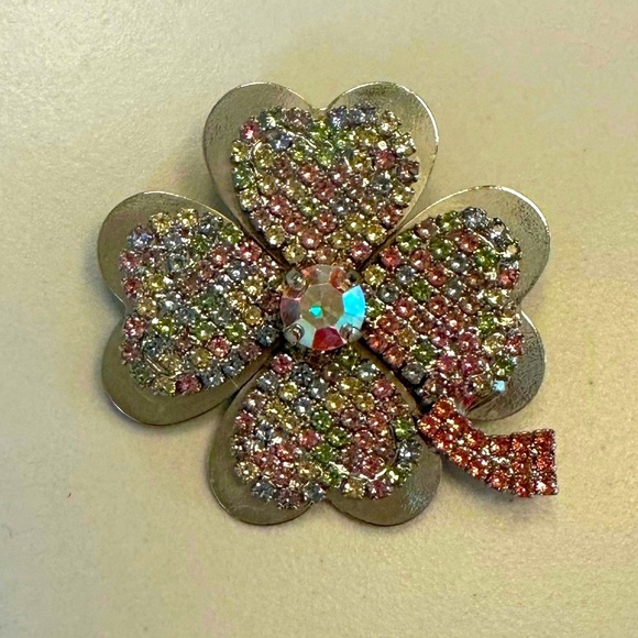 Rebekah Price Lucky Clover Silver and Multicolour Swarovski Crystal Brooch - Picture 10 of 13
